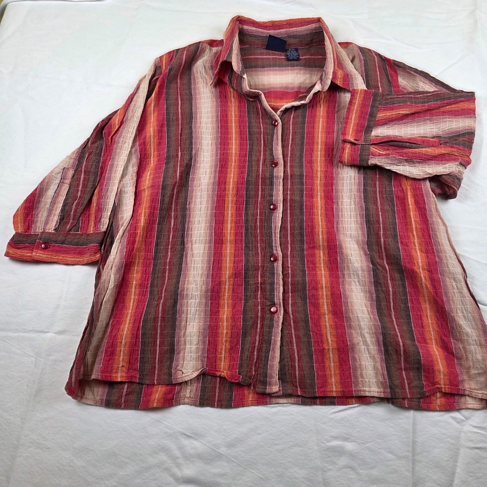 DCC Woman Button Up Shirt Red Striped 3/4 Sleeve Textured Cotton Plus 18/20